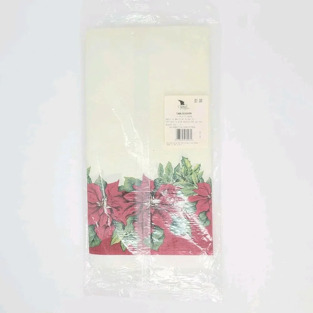 Vintage‎ Christmas Tree Shops Poinsettia Paper Tablecover Made USA Sealed New